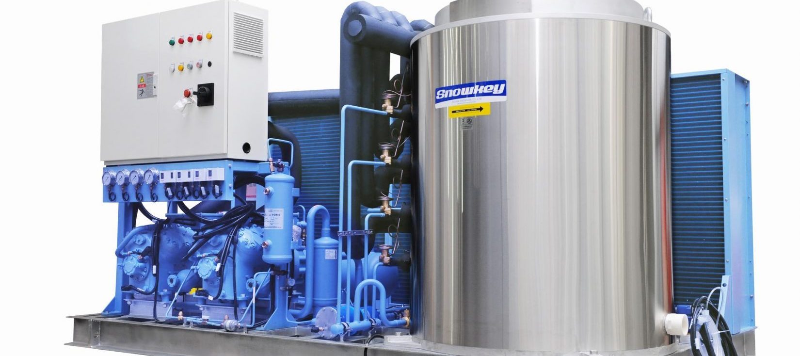an industrial refrigeration cooling tower and ice machine with a white background