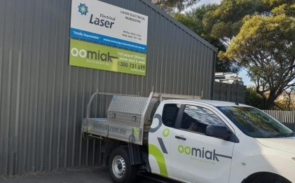 Oomiak-branded vehicle parked in front of a tin shed in the Barossa Valley