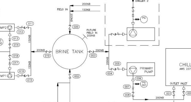 a piping and instrumentation diagram of an industrial refrigeration plant